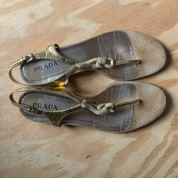 Prada Espadrille Gold-tone Leather Sandals, 39.5 - Picture 1 of 3